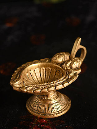 Brass Handcrafted Lakshmi Ganesha Oil Lamp (L - 4.3in, W - 2.5in, H - 2.5in)