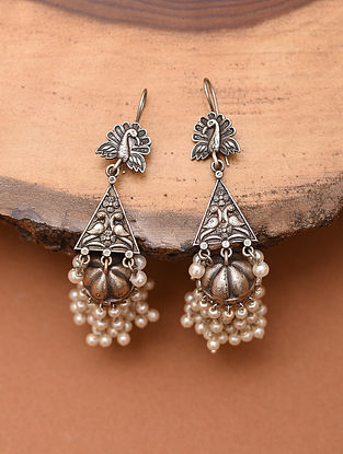 Silver Tone Tribal Jhumki Earrings With Pearls