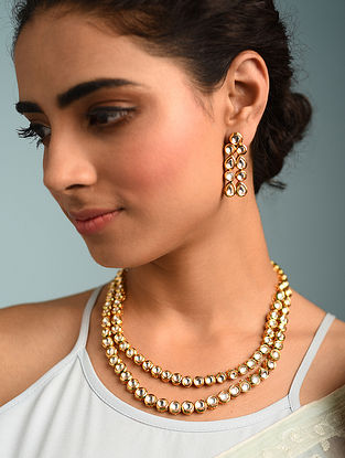 Gold Tone Kundan Necklace With Earrings
