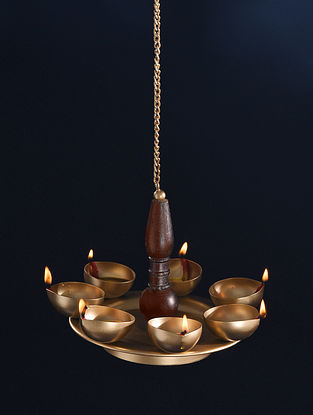 Golden Metal and Wood Hanging Tea Light Holder With 7 Diyas (L-21.5in, W-7.6in)