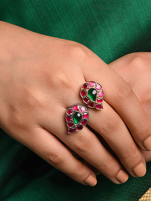 Pink Green Dual Tone Silver Adjustable Ring with Kempstone 