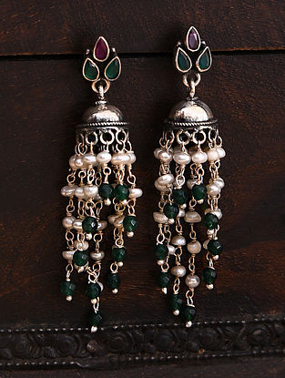 Maroon Green Tribal Silver Jhumki Earrings with Pearls
