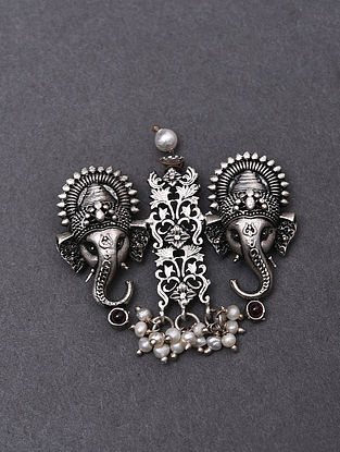 Maroon Kempstone Encrusted Temple Silver Pendant with Pearls