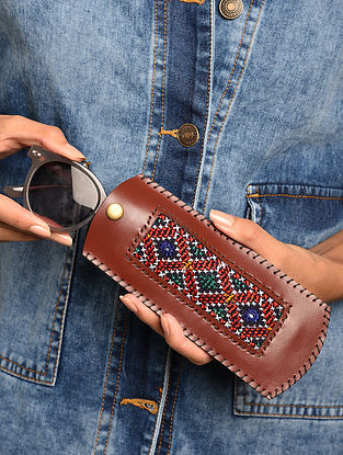Brown Handcrafted Genuine Leather Spectacle Case with Jat Embroidery