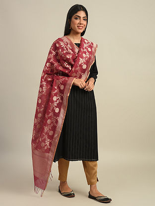 Red Benarasi Handwoven Cotton Silk Dupatta With Zari