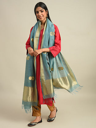Blue Benarasi Handwoven Cotton Silk Dupatta With Zari