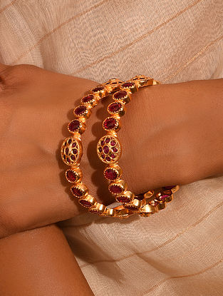Pink Gold Tone Temple Bangles 