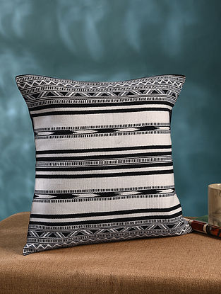 Black and White Handwoven Kasida Cushion Cover (L-16.5in, W-16in)