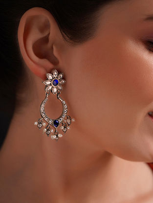 Blue White Silver Earrings with Kundan and Kempstone
