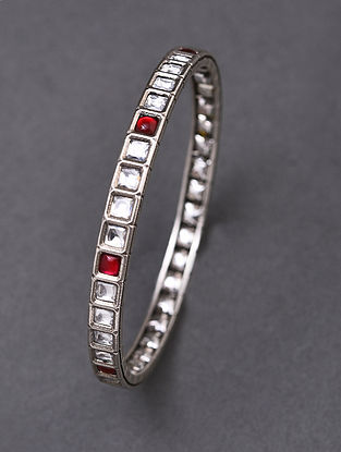 Red White Kempstone Encrusted Silver Openable Bangle