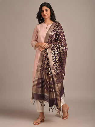 Purple Benarasi Handwoven Cotton Dupatta with Cutwork