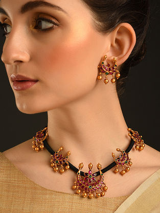 Red Gold Tone Temple Necklace Set