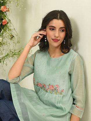 Green Embroidered Silk Cotton Tunic with Slip
