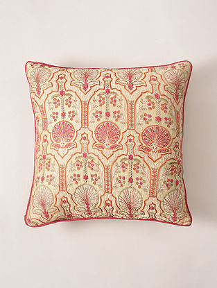 Off White and Coral Chanderi Embroidered Cushion Cover  (L- 16in, W- 16in)