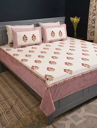 Pink Cotton Handblock Printed Double Bedsheet With Pillow Covers (Set Of 3)