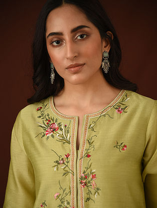 Lime Embroidered Silk Cotton Kurta with lining and Pants (Set Of 2)