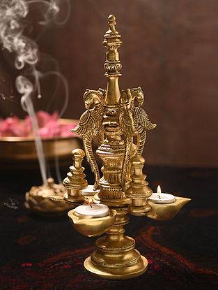 Brass Handcrafted Diya Stand with 3 Peacocks (L- 7.5in, W- 7.2in, H- 12in)