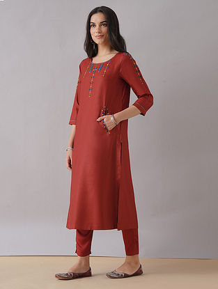Red Embroidered Silk Viscose Kurta with Pockets