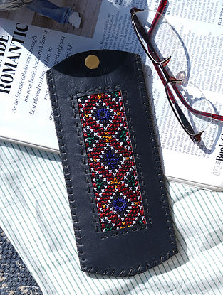 Navy Blue Handcrafted Genuine Leather Spectacle Case with Jat Embroidery