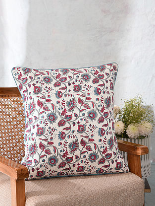 Multicolor Handblock Printed Cotton Cushion Cover with Mukhaish (L - 20.5in, W - 20in)