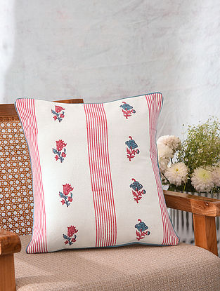 Pink Handblock Printed Cotton Cushion Cover with Mukhaish (L - 16in, W - 16in)