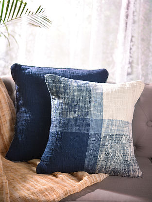 Indigo And White Handloom Cotton Woven Cushion Cover (L-16.5in, W-16.5in)