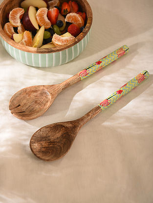 Brown Handcrafted Decal Mango Wood Salad Servers (L-11in, W-2.7in) (Set of 2)