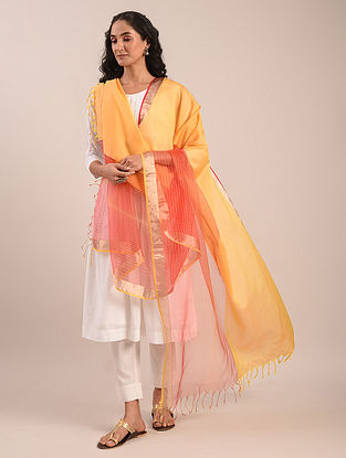 Yellow- Red Handwoven Silk Cotton Dupatta