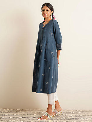 Blue Embroidered Cotton Kurta Dress with Pockets