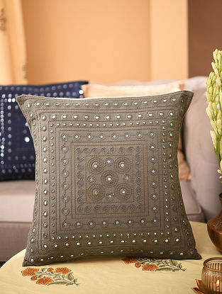 Grey Embroidered Cotton Cushion Cover (L - 16in, W - 16in)