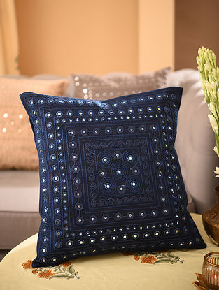 Blue Embroidered Cotton Cushion Cover (L - 16in, W - 16in)