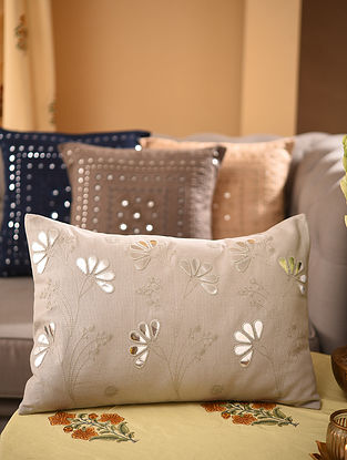 Grey Embroidered Cotton Cushion Cover (L - 18in, W - 12in)