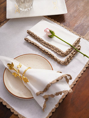 Beige Cotton Table Napkin Set With Crochet Ends (L- 16.5in, W- 16.5in) (Set Of 4)