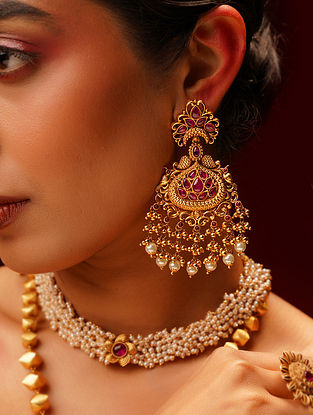 Red Gold Tone Temple Earrings 