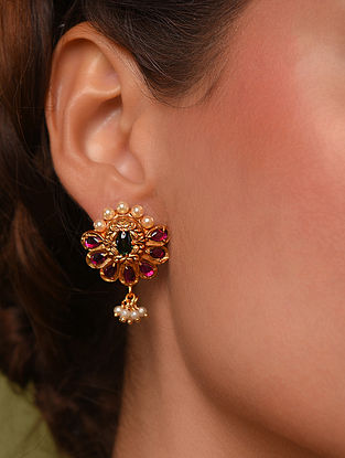 Red Green Gold Tone Temple Earrings