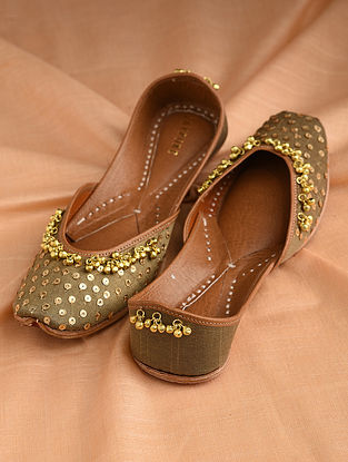 Dark Gold Handcrafted Sequinned Silk Leather Juttis with Ghungroos