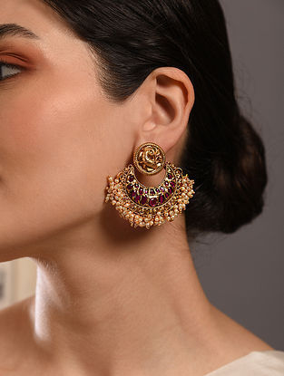 Pink Gold Tone Temple Earrings