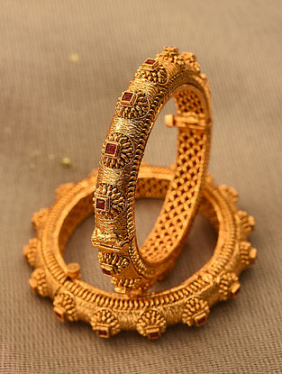Red Gold Tone Temple Openable Bangle Pair