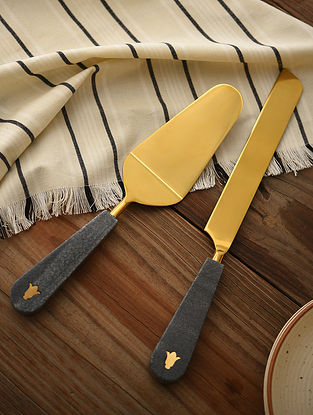 Grey Marble Cake Server With Handcrafted Brass Inlay (Set Of 2)