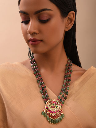 Green Pink Gold Tone Foiled Kundan Necklace
