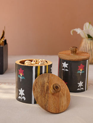 Handpainted Wooden Storage Jar With Lid (D- 4in, H- 5.5in)