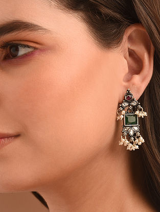 Pink Kempstone Encrusted Tribal Silver Earrings with Onyx