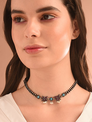 Pink Kempstone Encrusted Tribal Silver Necklace with Turquoise