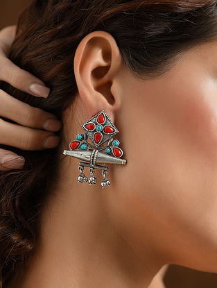 Red Blue Silver Tone Tribal Earrings