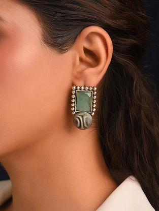 Green Silver Tone Tribal Earrings