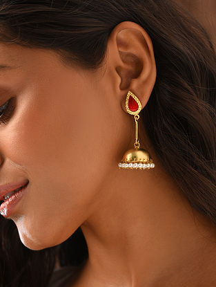 Red Gold Tone Tribal Jhumki Earrings 