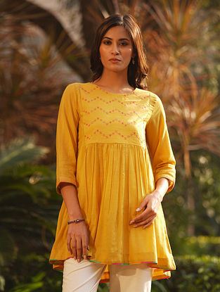 Mustard Embroidered Cotton Tunic With Gathers