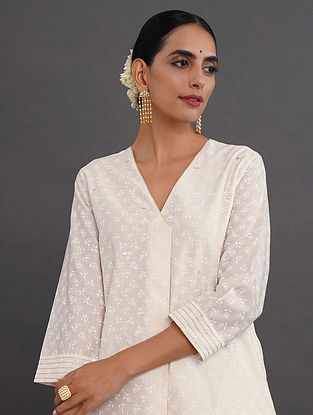 Ivory Embroidered Block Printed Silk Cotton Kurta with Lining