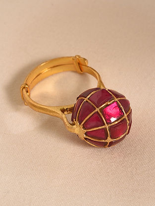 Pink Kempstone Encrusted Gold Tone Silver Ring 