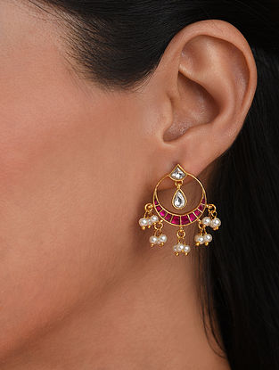 Pink Kempstone Encrsuted Gold Tone Foiled Kundan Silver Earrings   